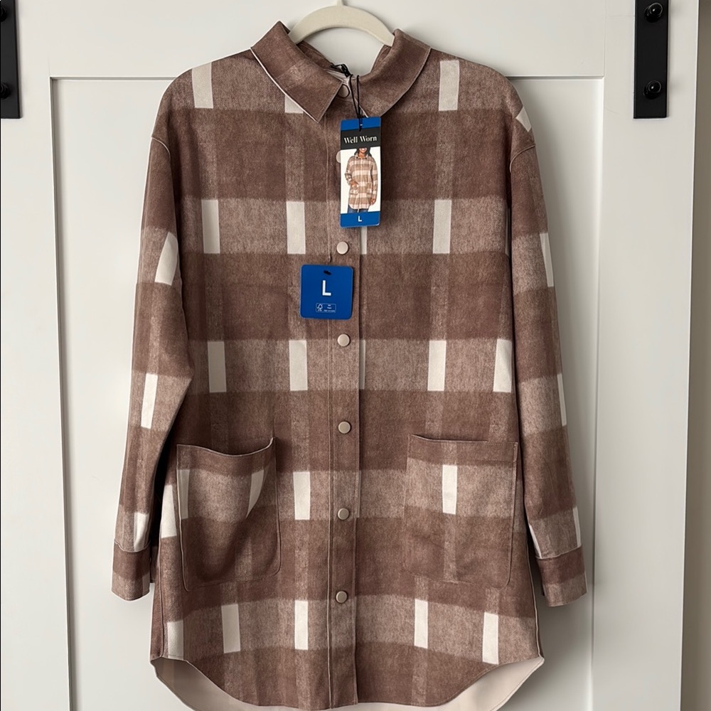Brown and Cream Plaid Shirt Jacket
